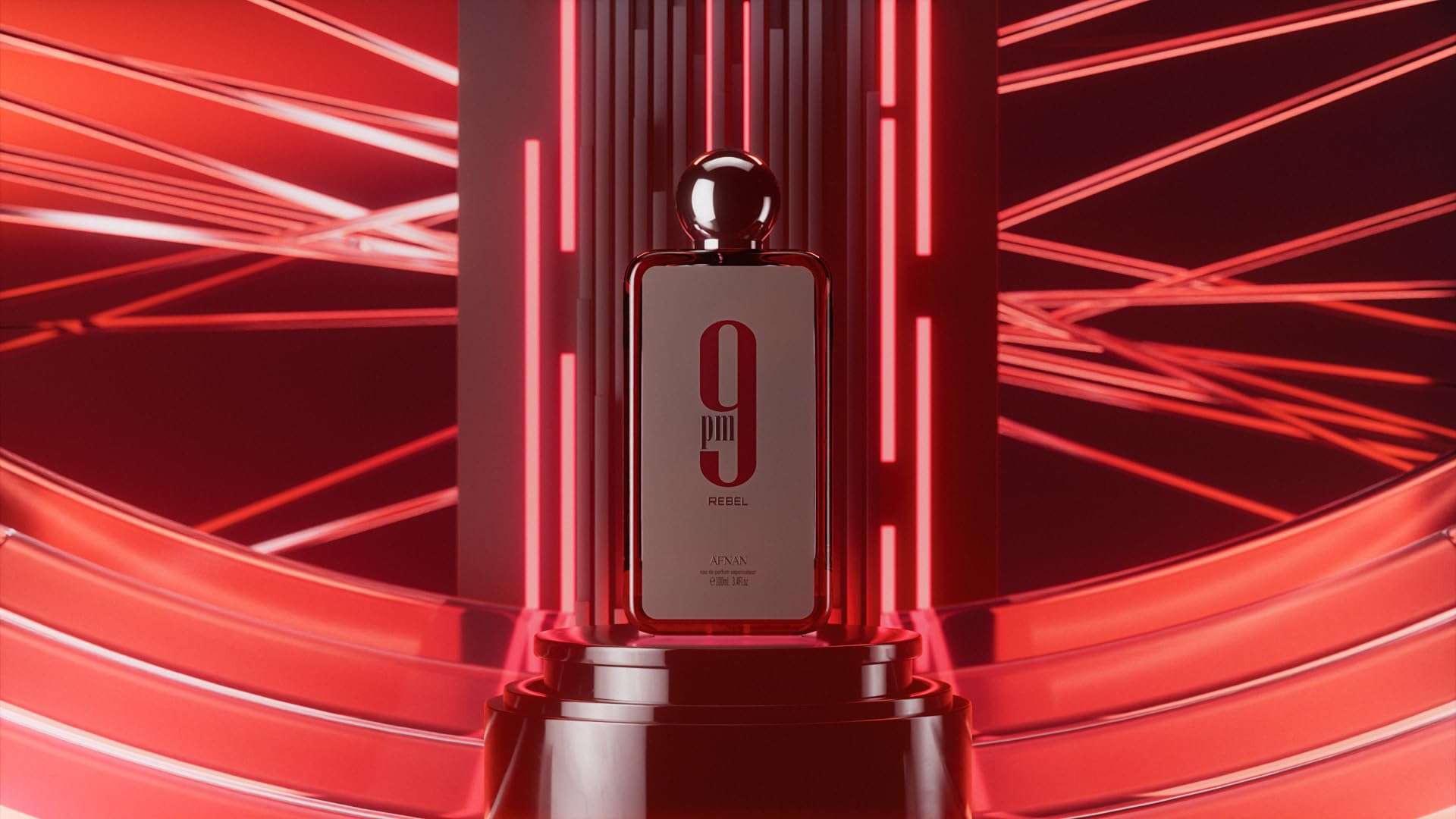 Afnan 9 PM Rebel perfume bottle displayed with futuristic red lighting and sleek design