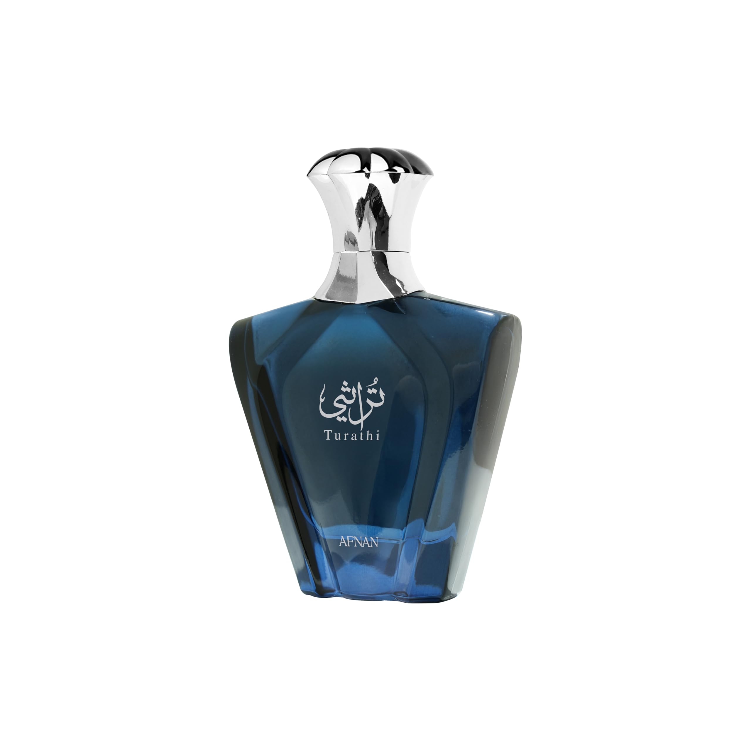 Afnan Turathi Blue perfume for men in a sleek blue glass bottle with silver cap
