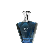 Blue Eau de Parfum bottle with silver flared cap, front label and logo