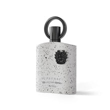 Speckled light-gray perfume bottle with black metal loop cap and emblem, Collector's Edition