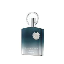 Unisex eau de parfum bottle, teal gradient with silver cap ring and crest logo.