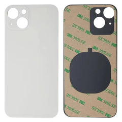 White iPhone 13 back glass replacement panel showing adhesive backing and camera lens cutouts