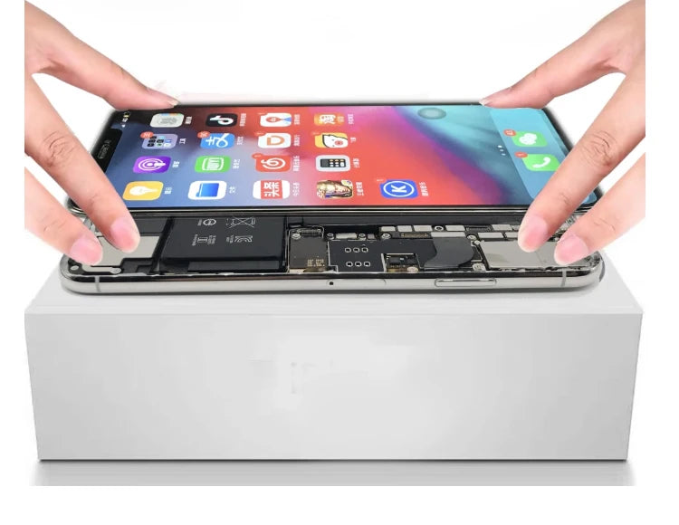 Mumzar hands installing iPhone 5 series LCD screen replacement showing phone internals and display