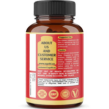 Ashwagandha supplement bottle with black cap and “About us” and “Customer service” label.