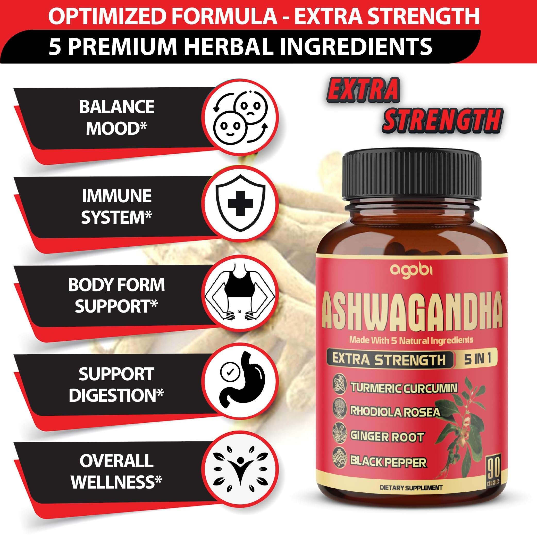 agobi Ashwagandha capsules 5200mg bottle with extra strength label showing five herbal ingredients and wellness benefits