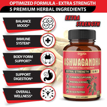 Ashwagandha supplement bottle next to icons for immune, body form, digestion, and wellness.