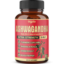 Ashwagandha supplement bottle with black ribbed cap and red “Extra Strength 5 in 1” label.