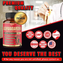 Ashwagandha supplement bottle on a promotional card with certifications and “Premium quality” text.