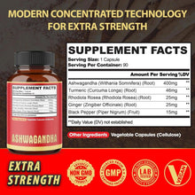 Ashwagandha supplement bottle on “Supplement Facts” card showing ingredient amounts and servings.