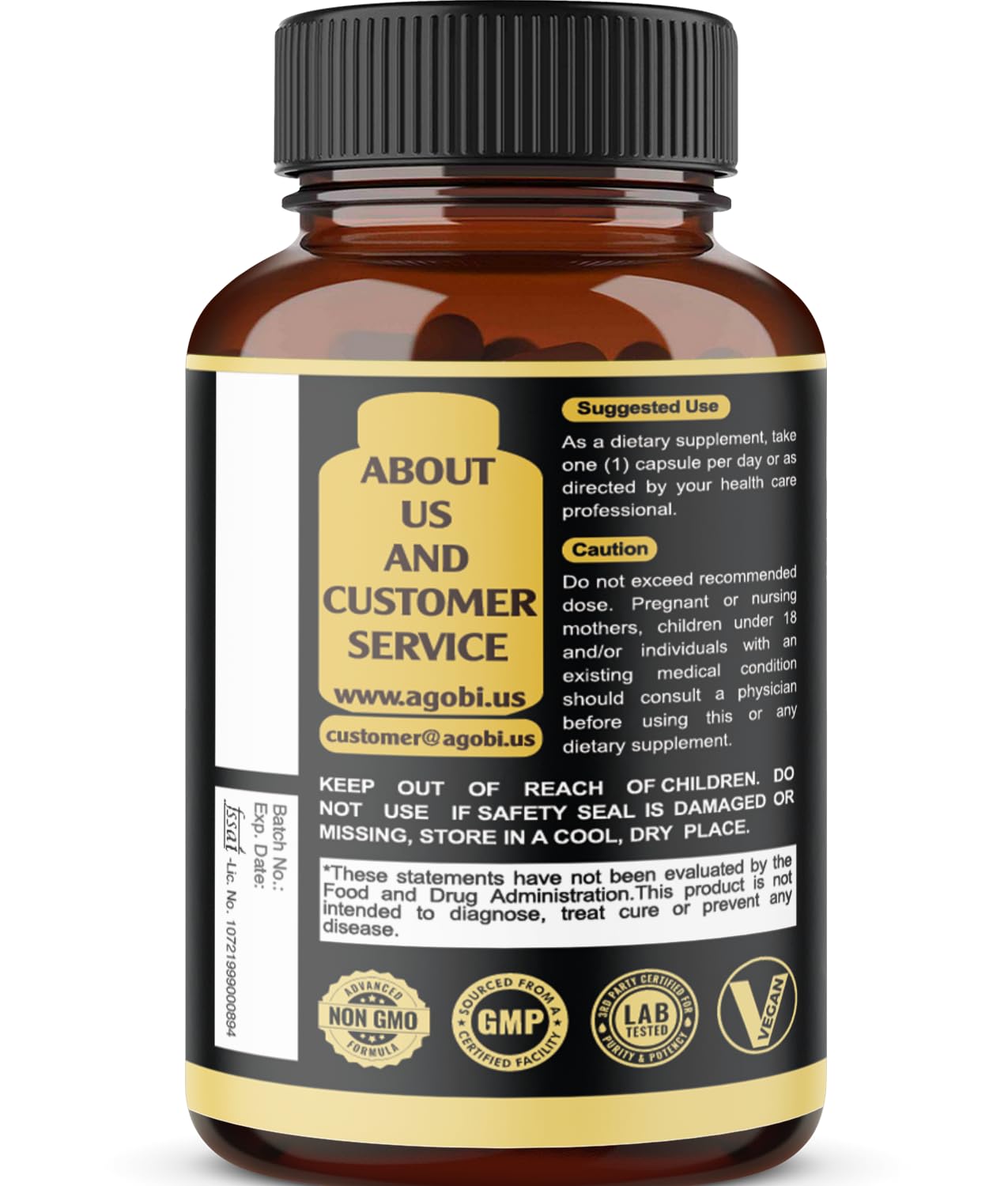 Agobi amber supplement bottle back label showing customer service text and maca root capsules for energy
