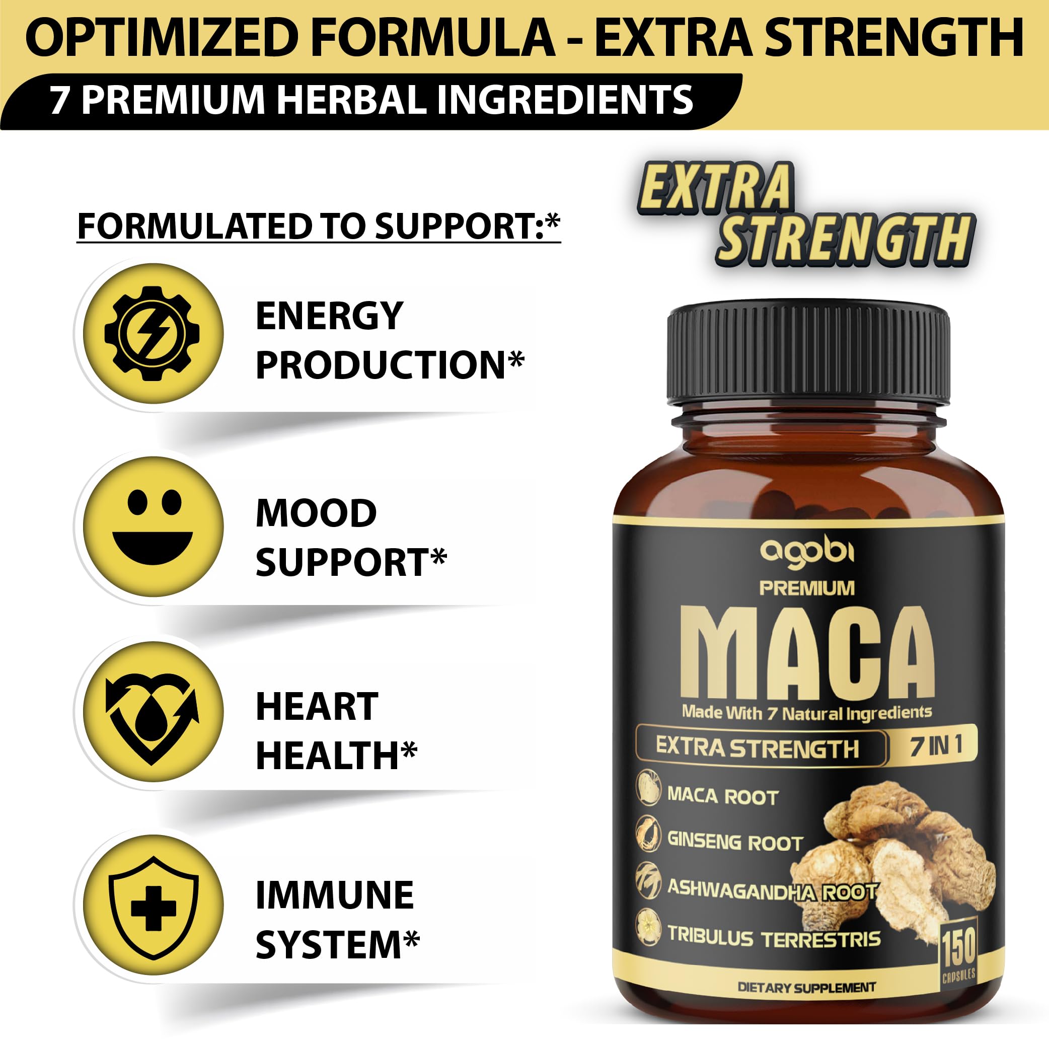 agobi Premium Maca extra strength supplement bottle with benefits list maca root capsules for energy