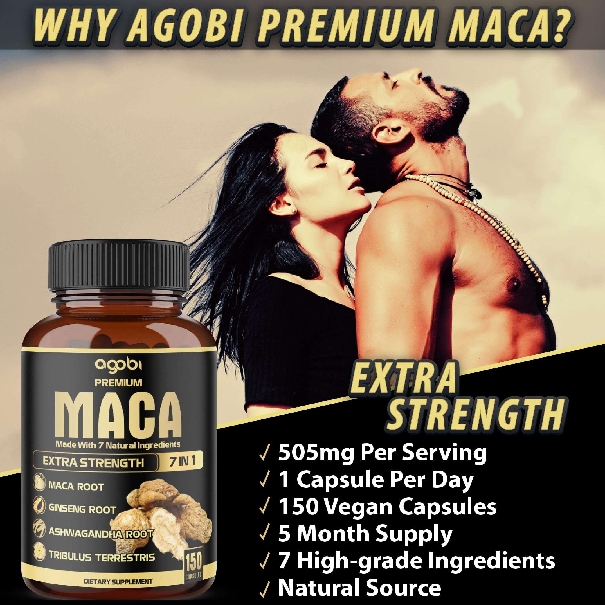 agobi premium maca extra strength supplement bottle with fit couple background maca root capsules for energy