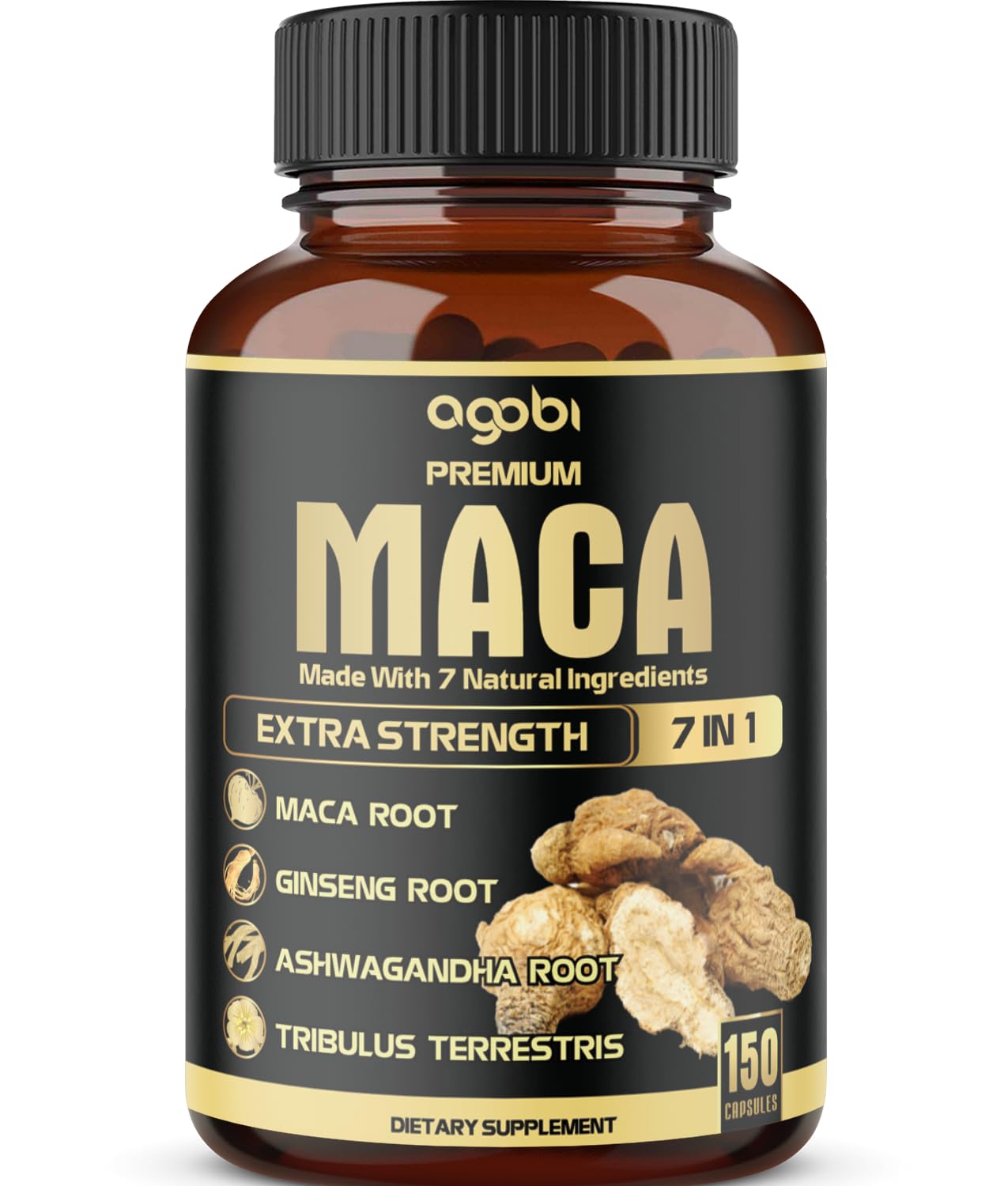 agobi Premium MACA 7 in 1 amber bottle showing maca root and label 150 capsules maca root capsules for energy