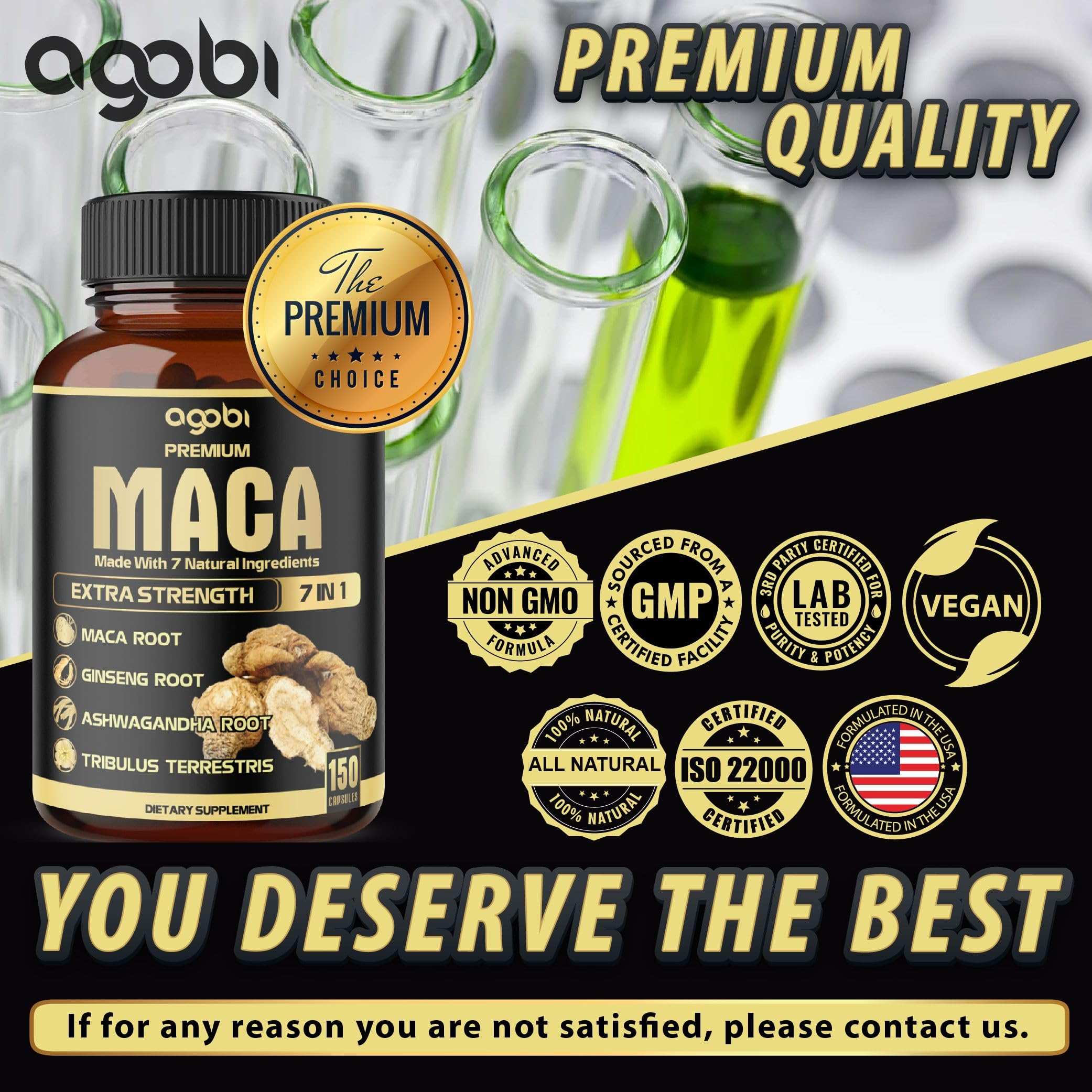 agobi premium maca supplement bottle with roots and badges showing non GMO vegan lab tested maca root capsules for energy
