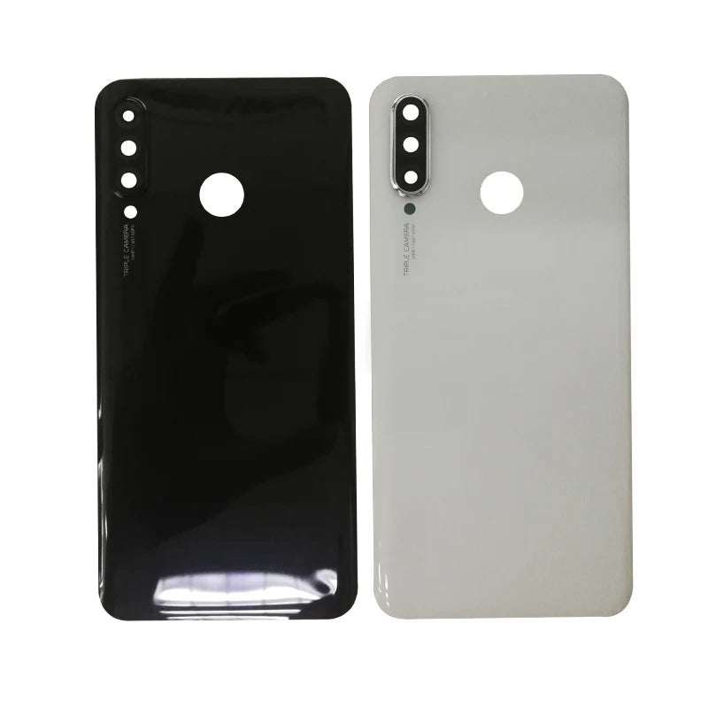 Huawei P30 Lite rear glass cover replacement set showing black and white back panels with camera and fingerprint cutouts