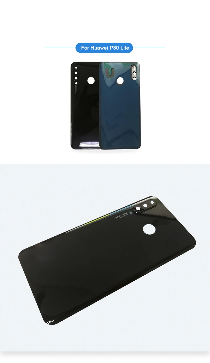 Mumzar Huawei P30 Lite rear glass cover glossy black and blue replacement back panel with camera and fingerprint cutouts