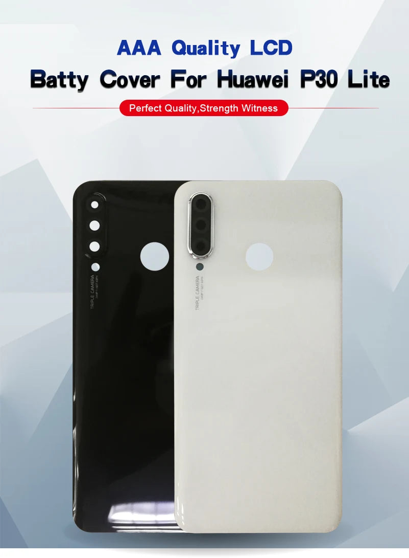 Huawei P30 Lite rear glass cover replacement set showing glossy black and white backs with camera and fingerprint cutouts