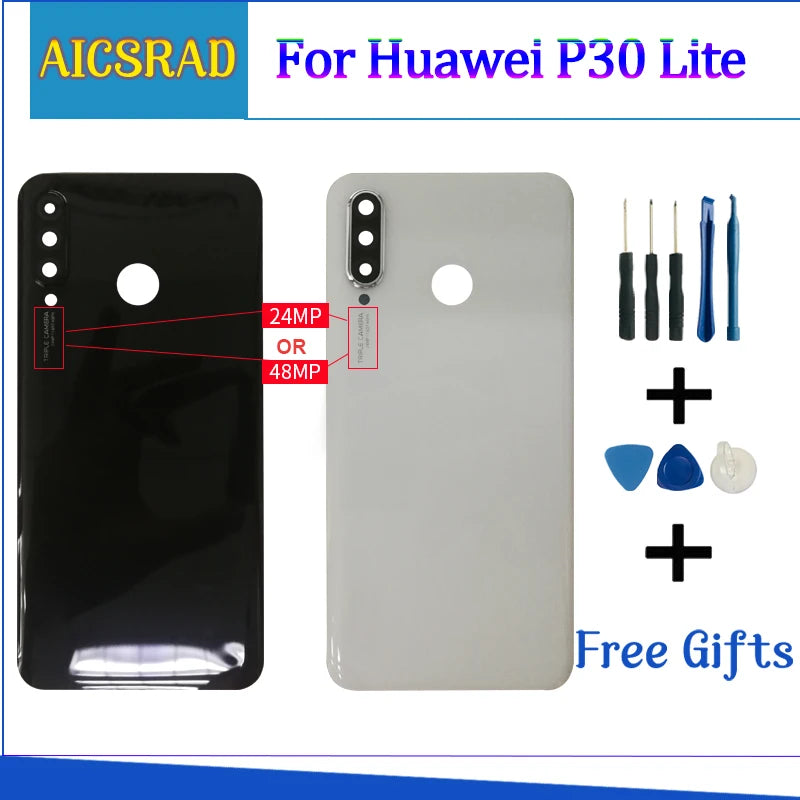 Mumzar Huawei P30 Lite rear glass cover replacement panels in black and white with repair tools and free gifts