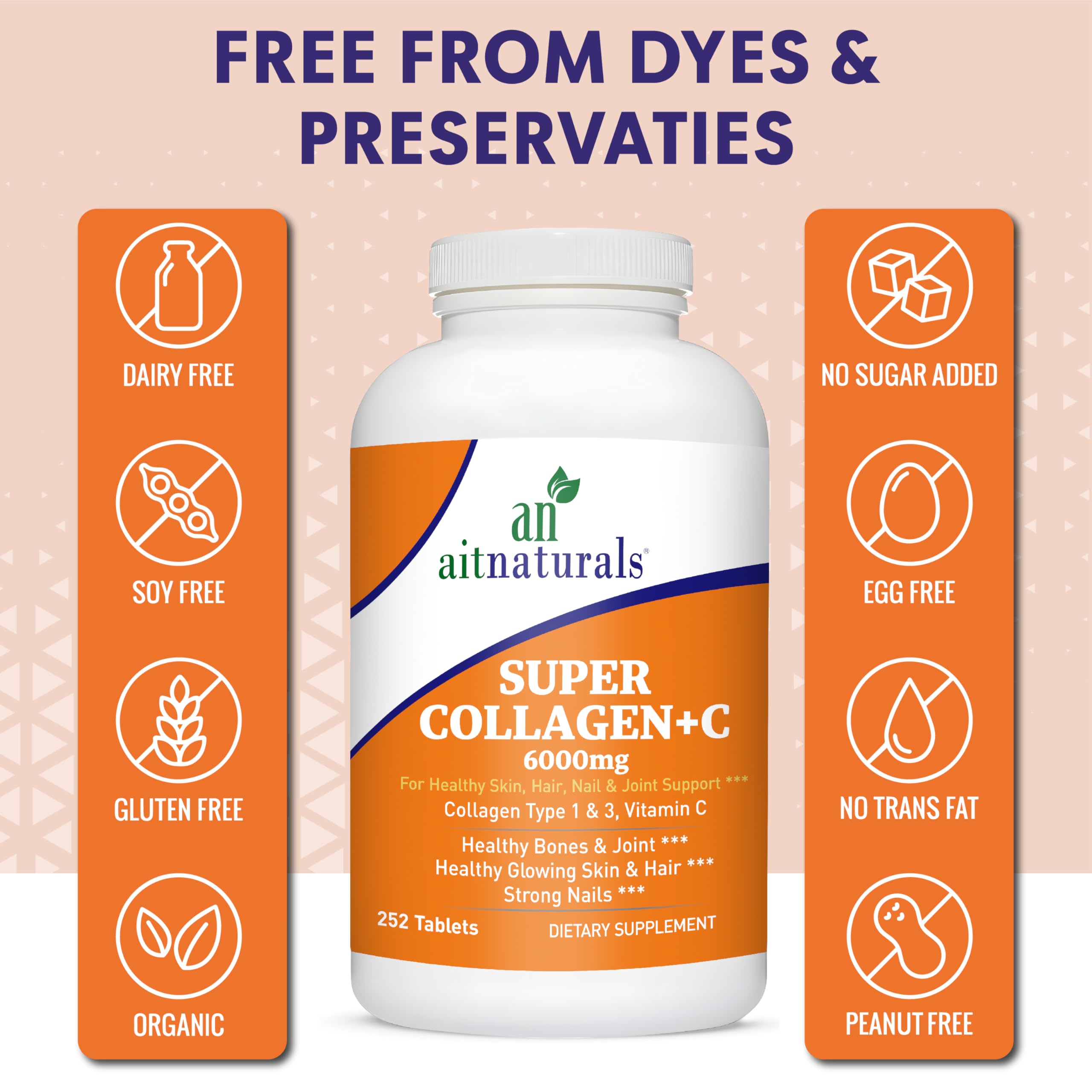 aitnaturals Super Collagen C 6000mg bottle 252 tablets dairy free gluten free organic icons hydrolyzed collagen tablets UAE
