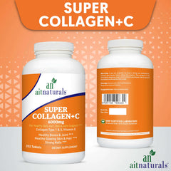 Two white bottles of aitnaturals Super Collagen C 6000mg tablets showing front and back labels hydrolyzed collagen tablets UAE