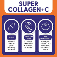 Super Collagen+ C tablets how-to and key ingredients panel with icons.