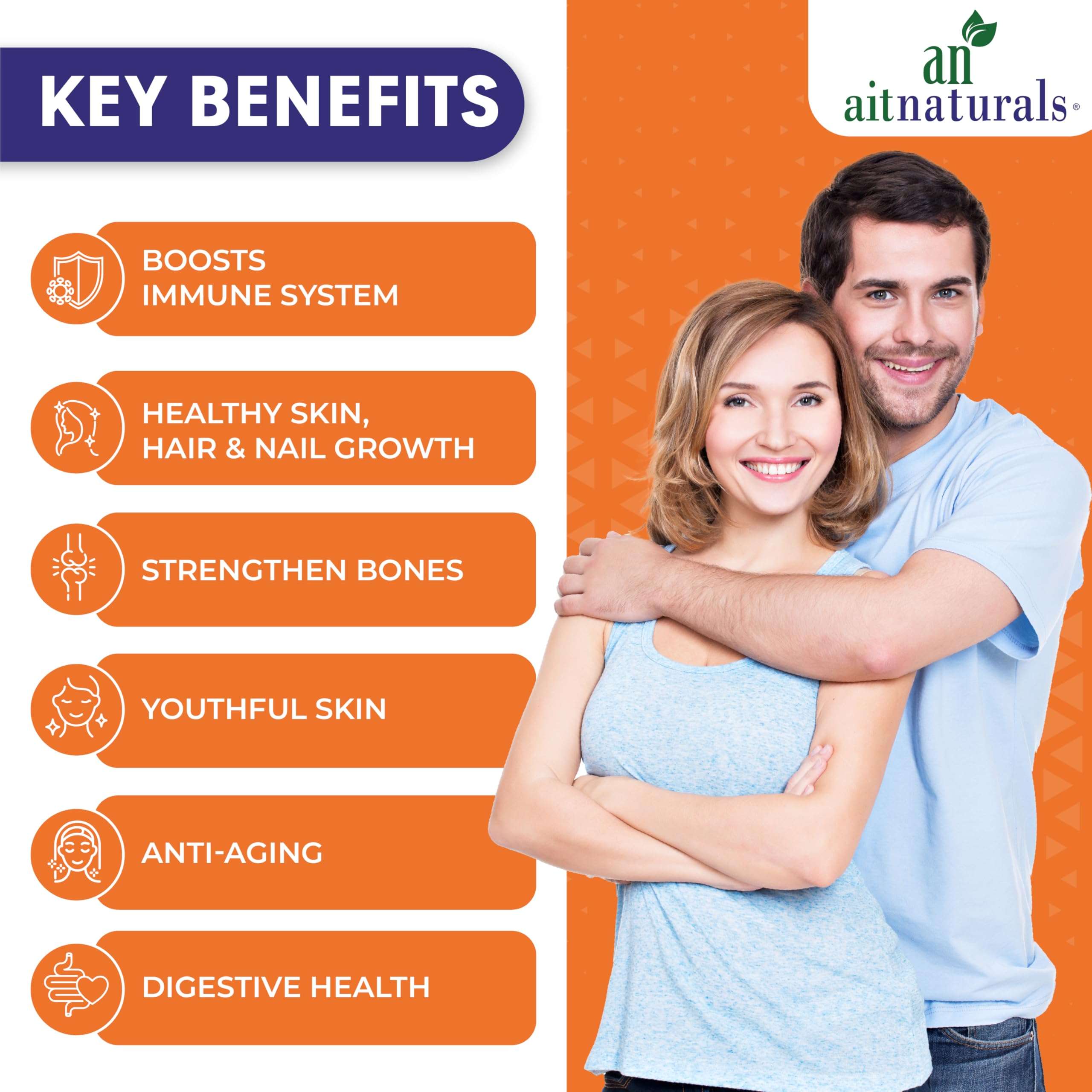 aitnaturals smiling couple with key benefits list for skin bone digestion and anti aging hydrolyzed collagen tablets UAE