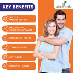 aitnaturals smiling couple with key benefits list for skin bone digestion and anti aging hydrolyzed collagen tablets UAE