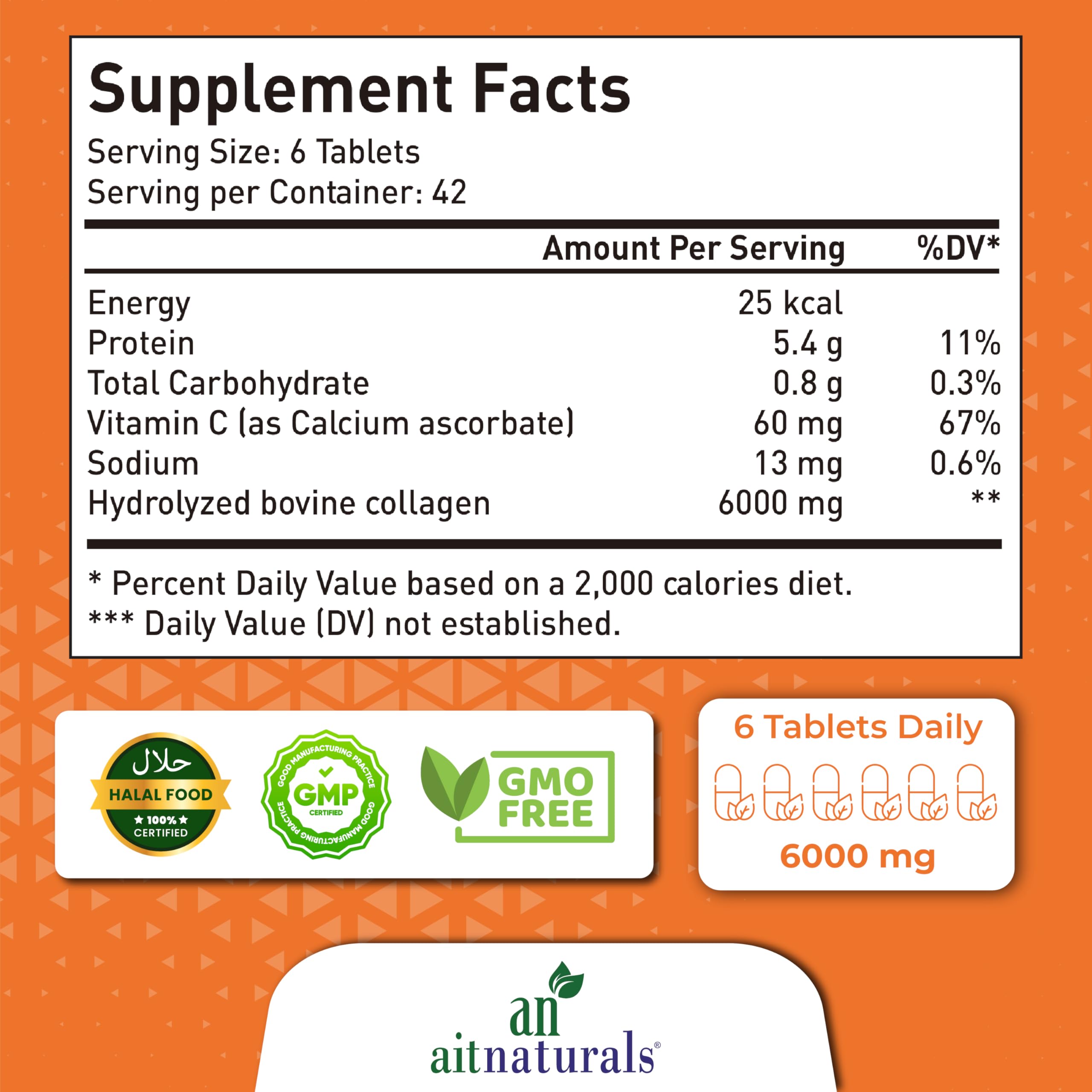 aitnaturals supplement facts label showing 6 tablets daily 6000 mg collagen and certifications hydrolyzed collagen tablets UAE
