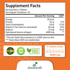 aitnaturals supplement facts label showing 6 tablets daily 6000 mg collagen and certifications hydrolyzed collagen tablets UAE