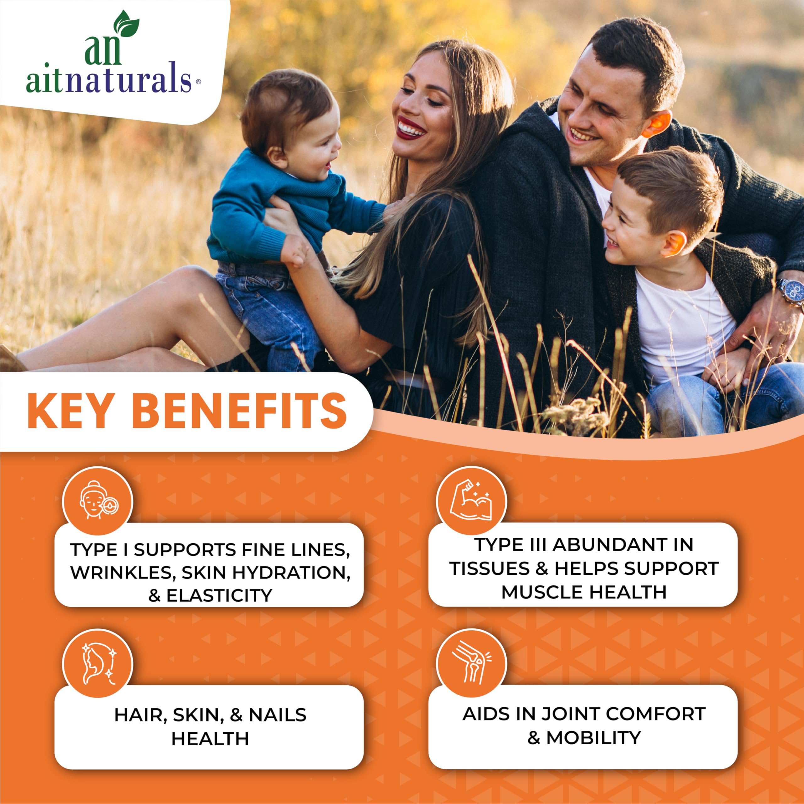 Aitnaturals family outdoor infographic showing skin hair nails and joint benefits with collagen peptides powder unflavoured
