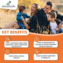 Collagen peptides powder jar with an aitnaturals label, key benefits layout