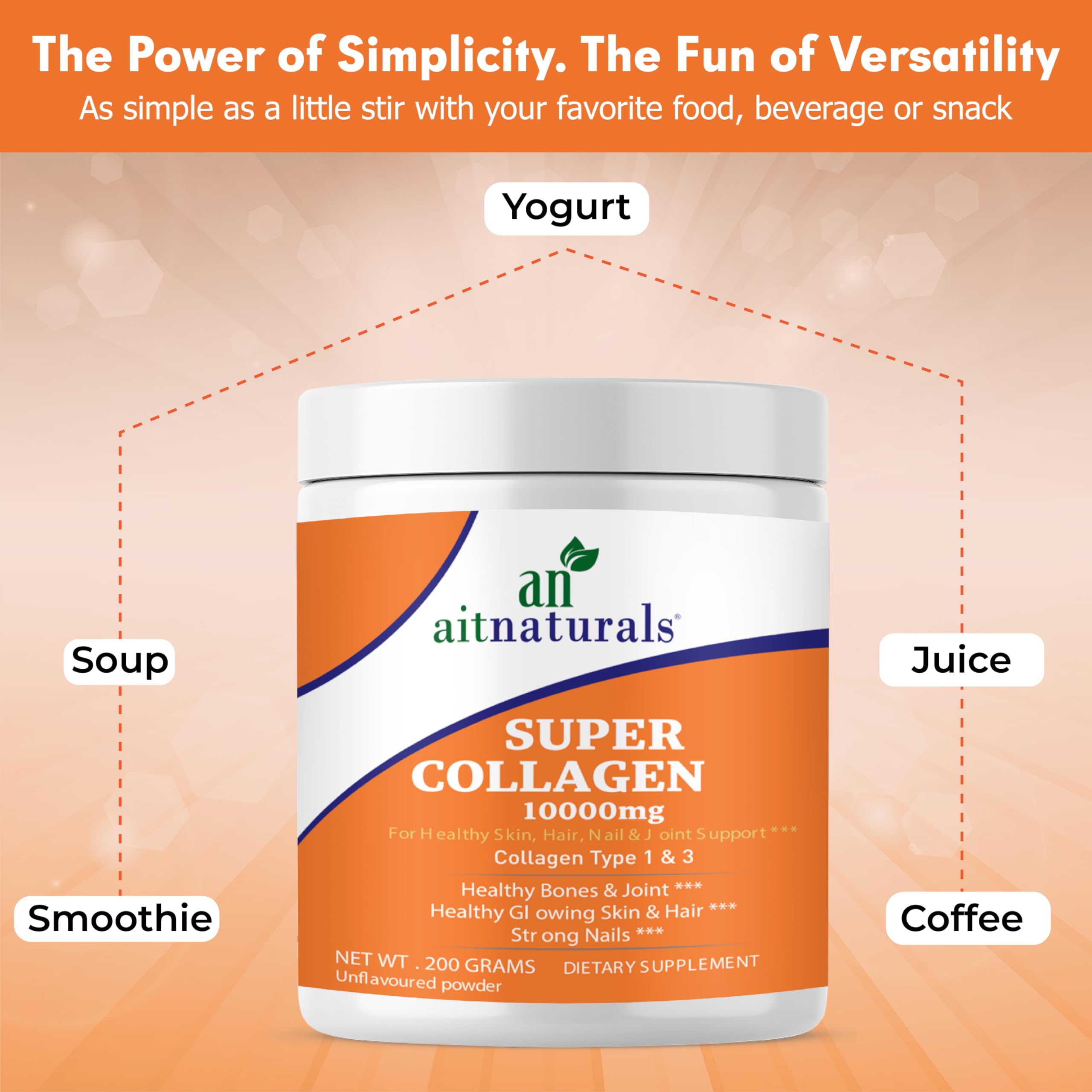 aitnaturals Super Collagen 10000mg tub with yogurt juice coffee smoothie labels collagen peptides powder unflavoured