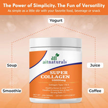 Collagen peptides powder jar with an aitnaturals label, surrounded by drink use callouts