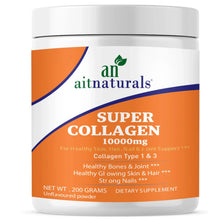 Collagen peptides powder jar, white container with orange-blue label and silver lid