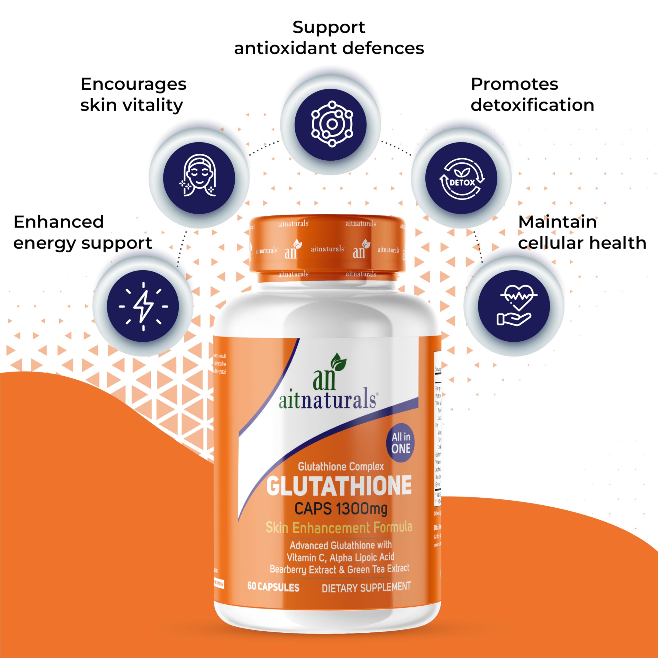 aitnaturals Glutathione 1300mg bottle with orange label showing benefits icons and glutathione capsules for skin whitening