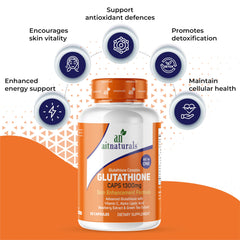 aitnaturals Glutathione 1300mg bottle with orange label showing benefits icons and glutathione capsules for skin whitening