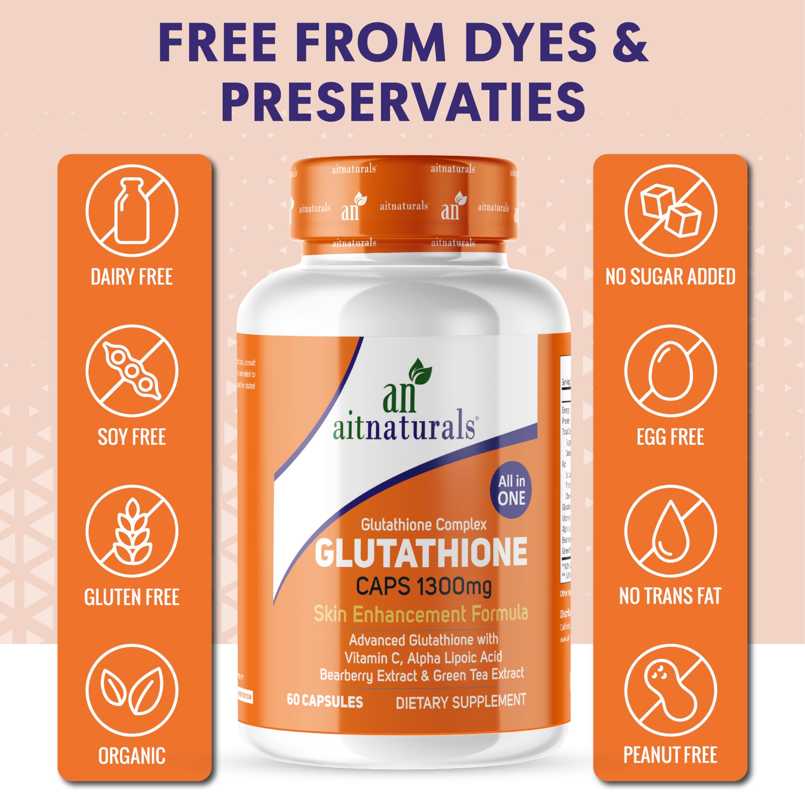 Aitnaturals bottle of glutathione capsules for skin whitening 1300mg skin enhancement 60 caps
