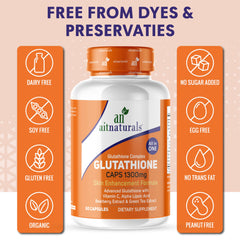 Aitnaturals bottle of glutathione capsules for skin whitening 1300mg skin enhancement 60 caps