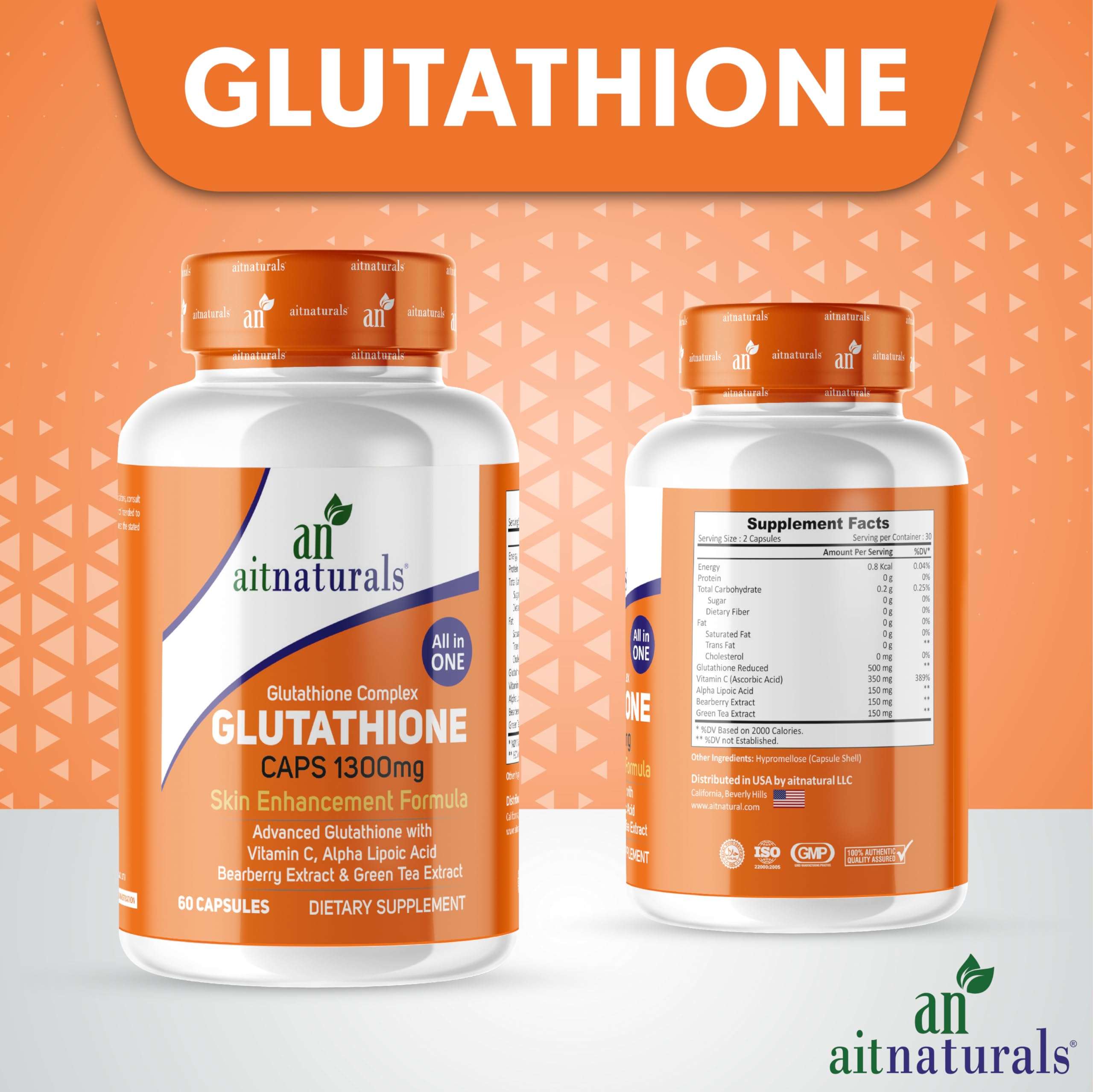 aitnaturals Glutathione 1300mg supplement bottles displayed glutathione capsules for skin whitening