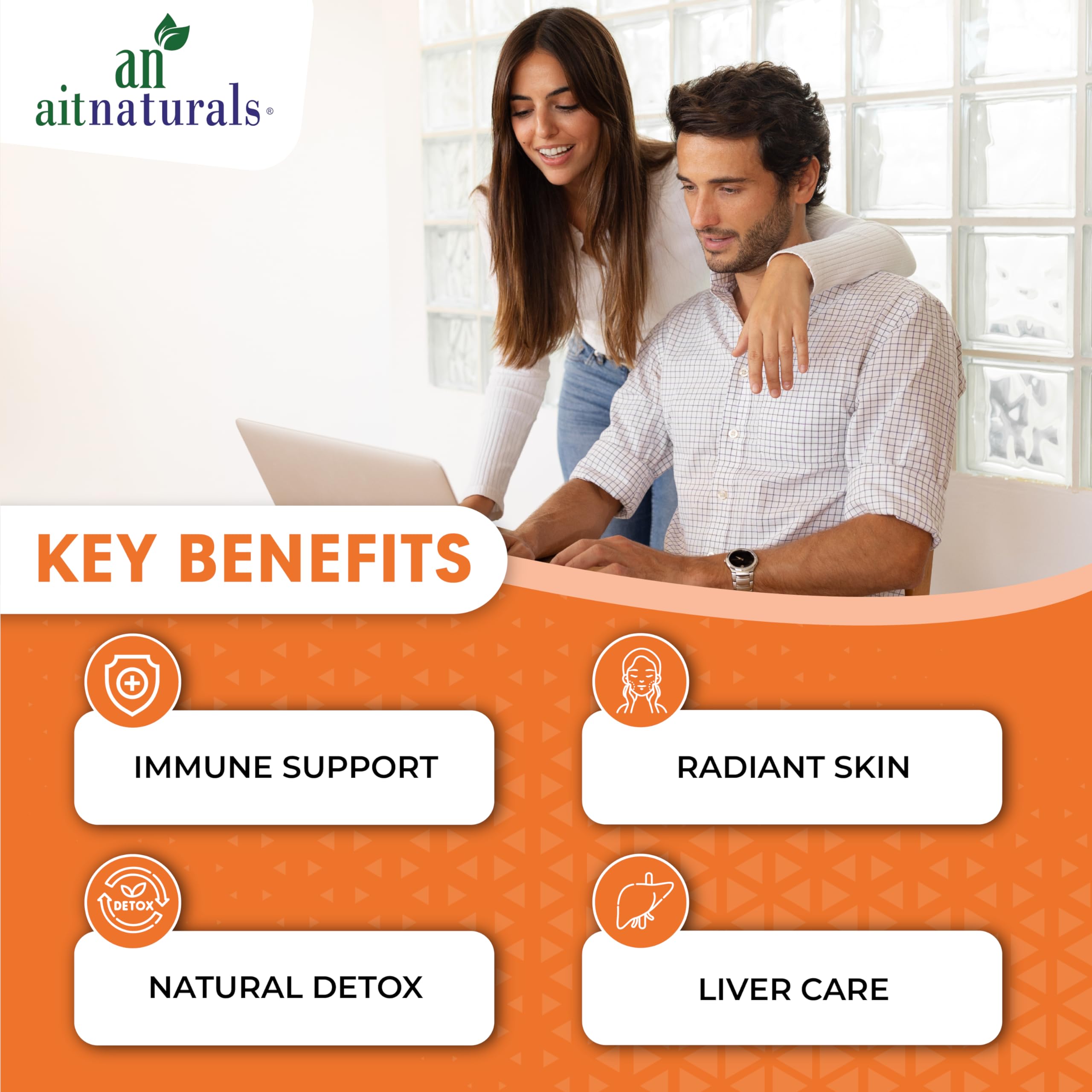 Aitnaturals couple reviewing key benefits card highlighting radiant skin and liver care glutathione capsules for skin whitening