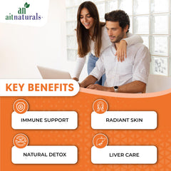 Aitnaturals couple reviewing key benefits card highlighting radiant skin and liver care glutathione capsules for skin whitening