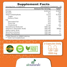Aitnaturals Glutathione Complex supplement facts panel and 2-capsules daily label