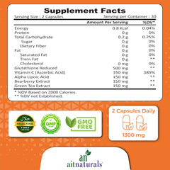aitnaturals supplement facts label and icons showing ingredients and dosage for glutathione capsules for skin whitening