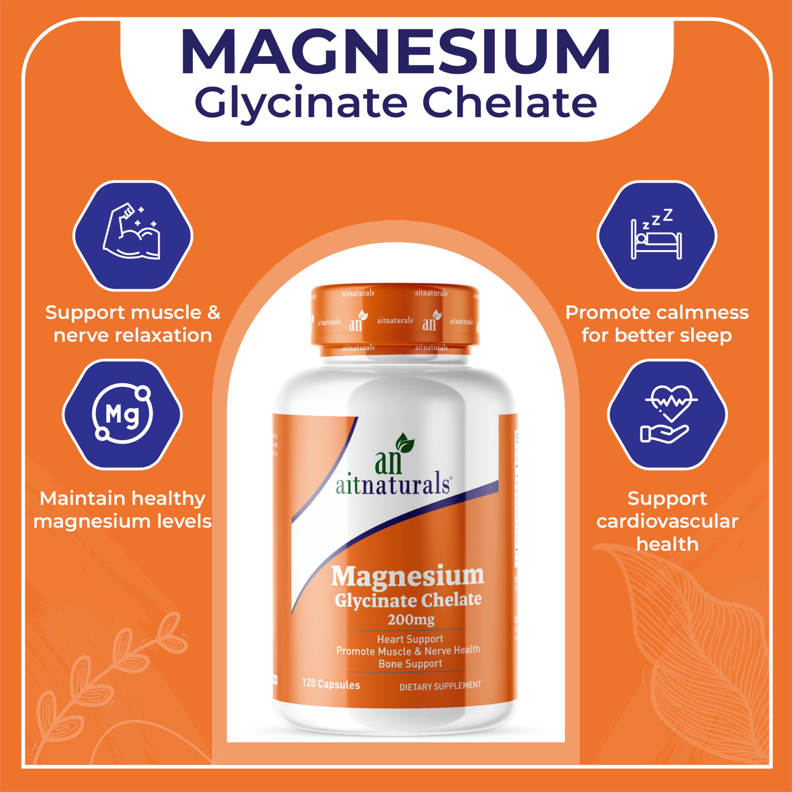 aitnaturals bottle of magnesium glycinate chelate supplement 200 mg label with icons for sleep muscle nerve and heart support