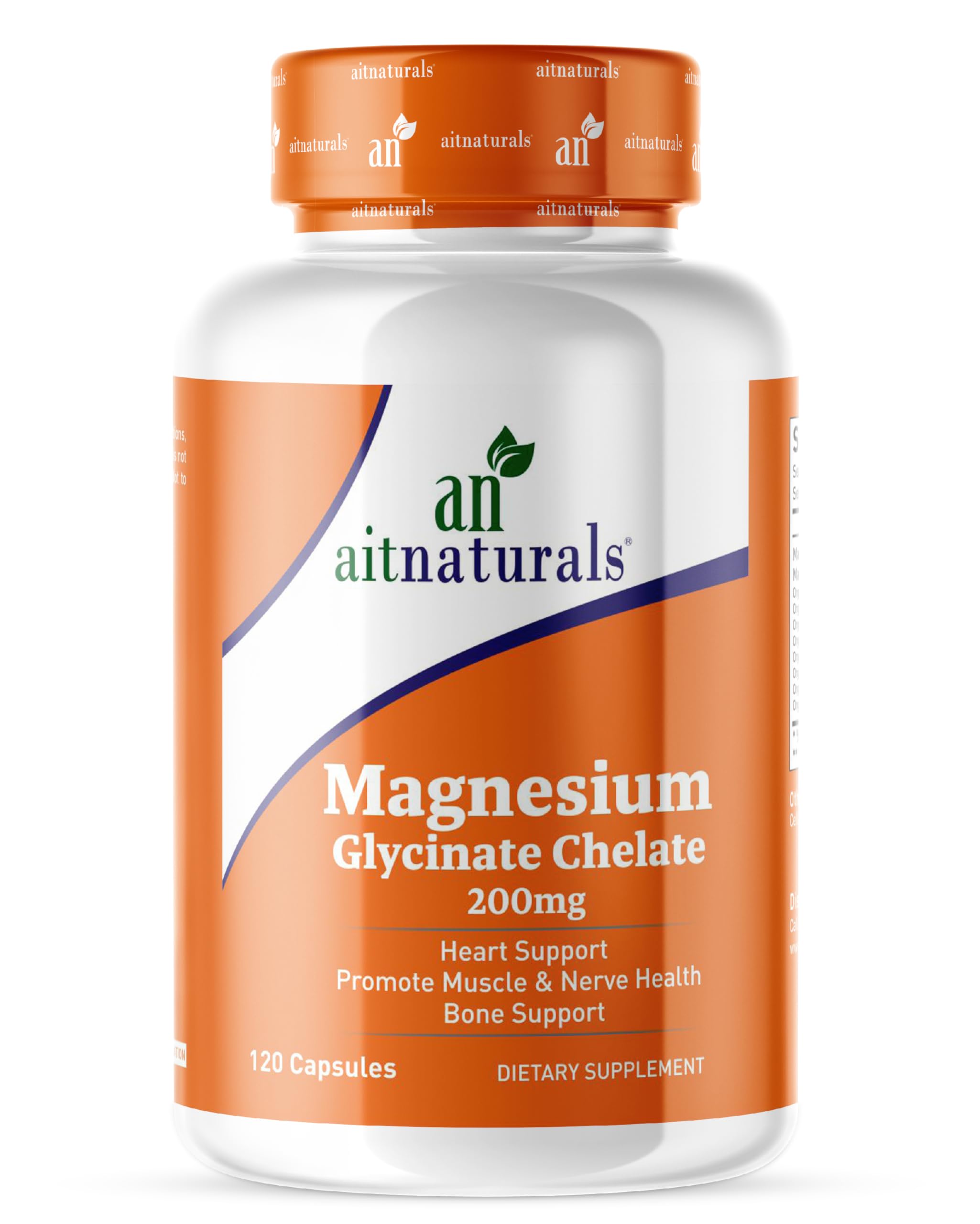 aitnaturals bottle of magnesium glycinate chelate supplement 200mg 120 capsules orange label
