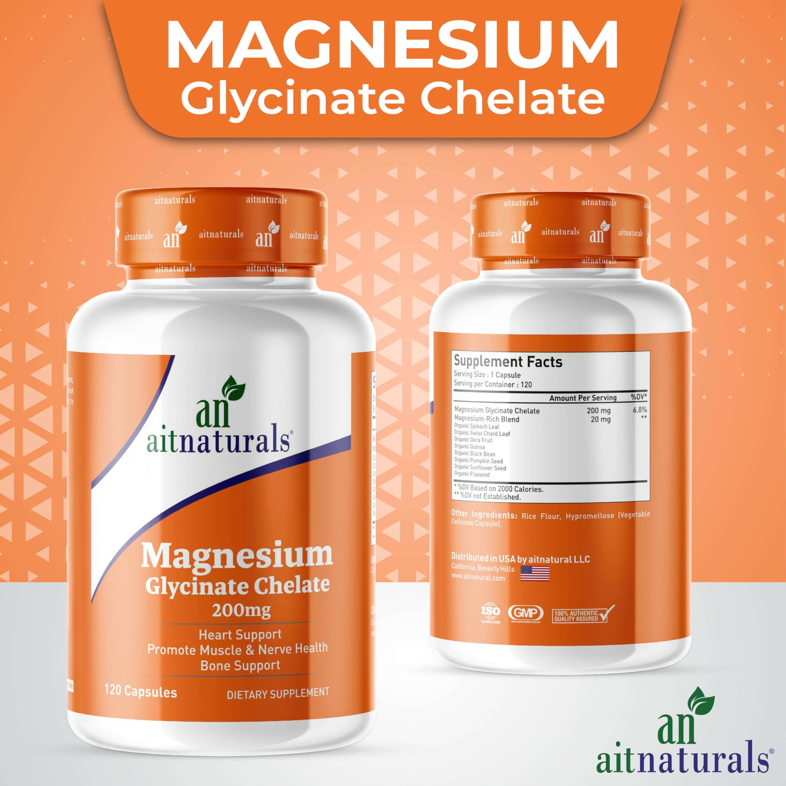aitnaturals magnesium glycinate chelate supplement bottles front and back 200mg 120 capsules orange label heart and bone support
