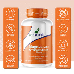 aitnaturals bottle of magnesium glycinate chelate supplement 200mg capsules with organic allergen free icons