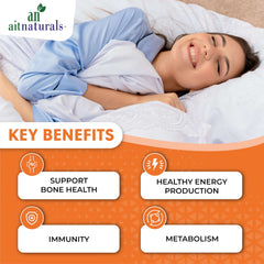 aitnaturals magnesium glycinate chelate supplement image showing smiling woman in bed with key benefits list
