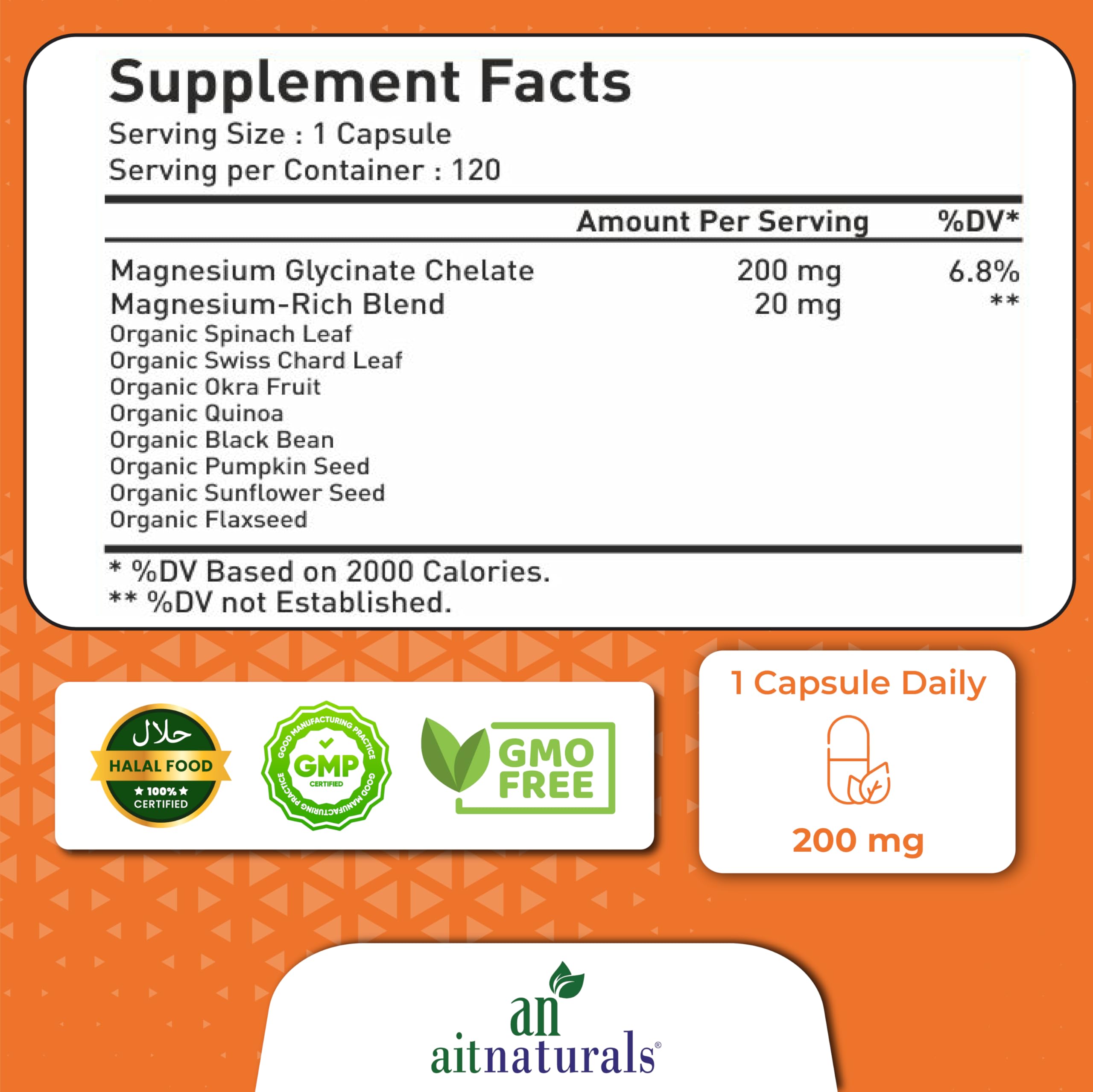 Aitnaturals label 1 capsule 200 mg per serving Halal GMP GMO Free icons magnesium glycinate chelate supplement