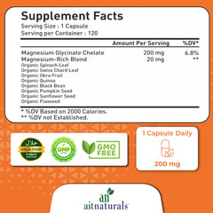 Aitnaturals label 1 capsule 200 mg per serving Halal GMP GMO Free icons magnesium glycinate chelate supplement